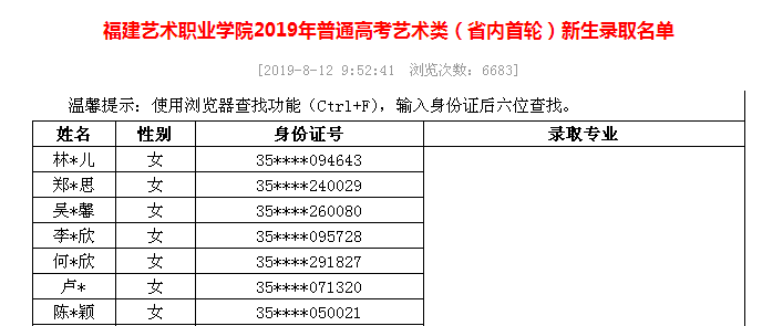 福建艺术职业学院录取查询